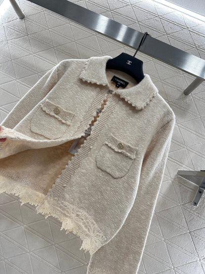 25fw Embroidered lace knitted cardigan