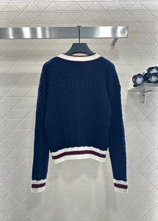 25fw V-neck Fried Dough Twists contrast knitted cardigan