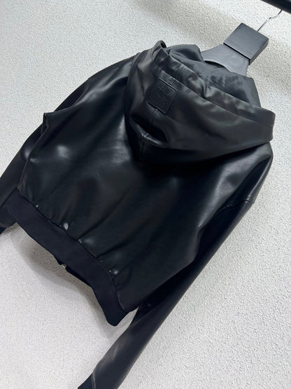 25fw Leather hooded jacket
