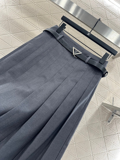 25fw Mid length pleated skirt with waist belt