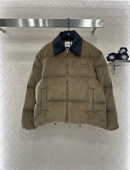 Leather collar corduroy down jacket