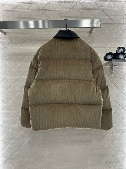 Leather collar corduroy down jacket