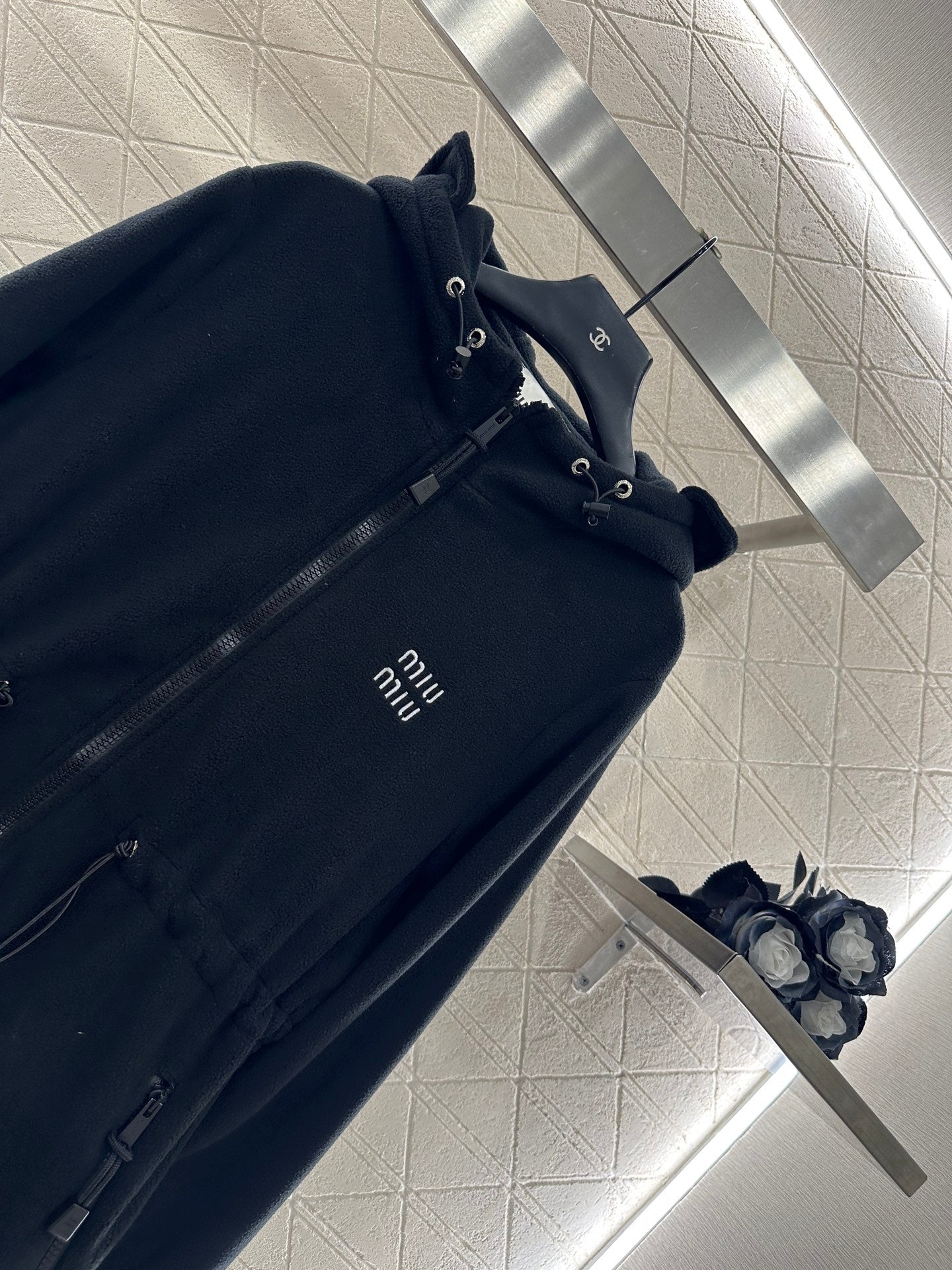Teddy plush hooded mid length jacket