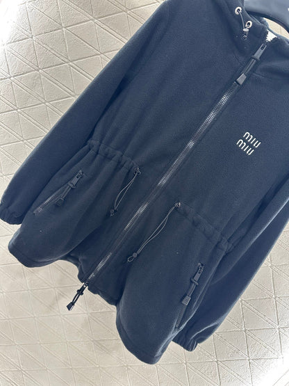 Teddy plush hooded mid length jacket