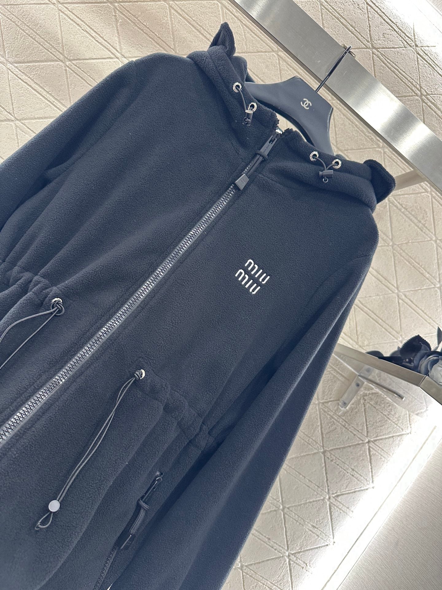 Teddy plush hooded mid length jacket