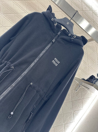 Teddy plush hooded mid length jacket