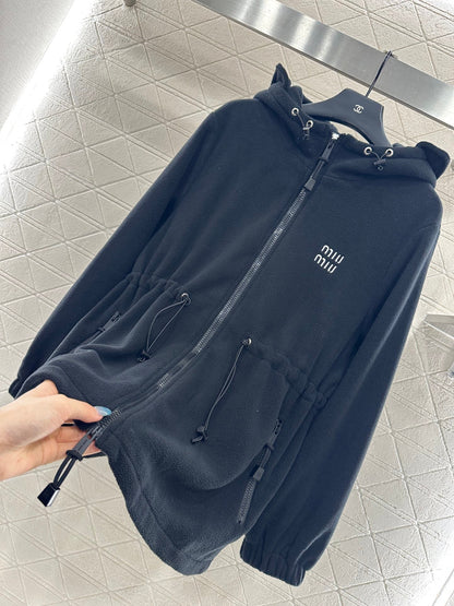 Teddy plush hooded mid length jacket