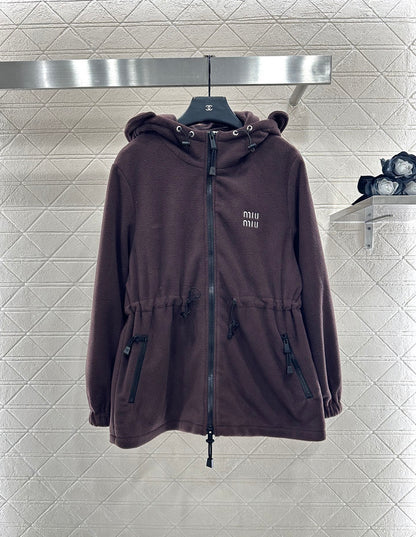 Teddy plush hooded mid length jacket