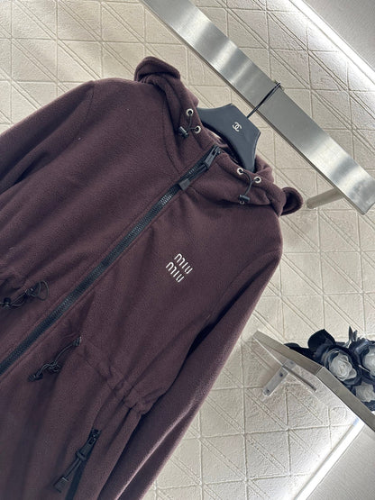 Teddy plush hooded mid length jacket