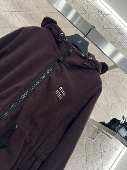 Teddy plush hooded mid length jacket