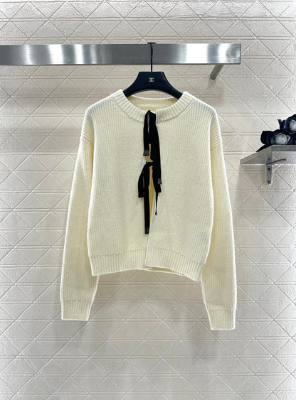 Round neck bow tie plain knit cardigan