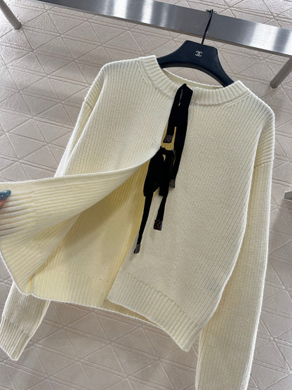 Round neck bow tie plain knit cardigan