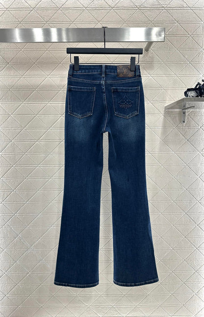 Leather label denim micro flared pants