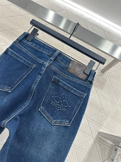 Leather label denim micro flared pants