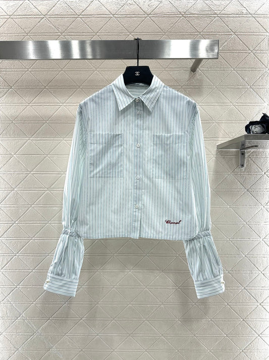 Short striped drawstring sleeve shirt
