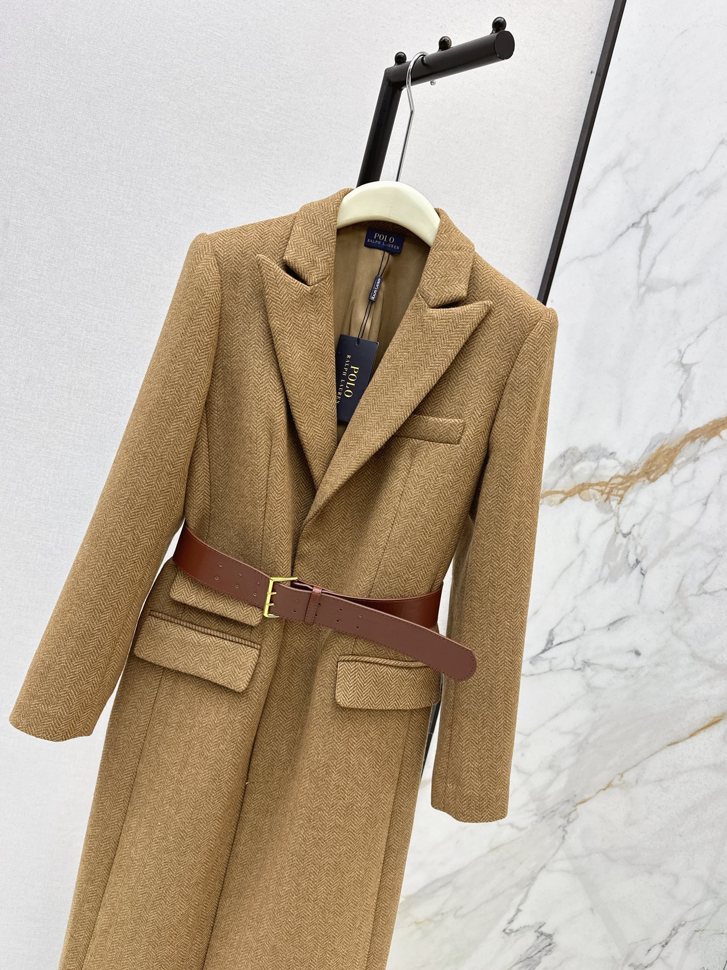 Wool herringbone patterned long coat