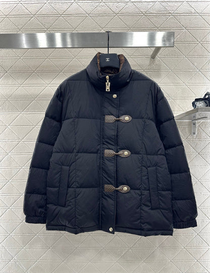 Leather buckle stand up collar down jacket