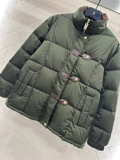 Leather buckle stand up collar down jacket