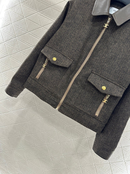 Collar jacket with patchwork leather