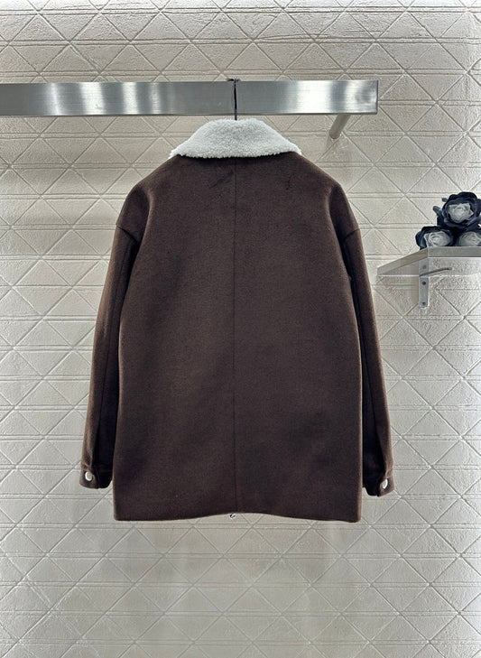 Lamb fleece collar mid length jacket