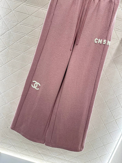 Plucked letter high waist wide leg pants