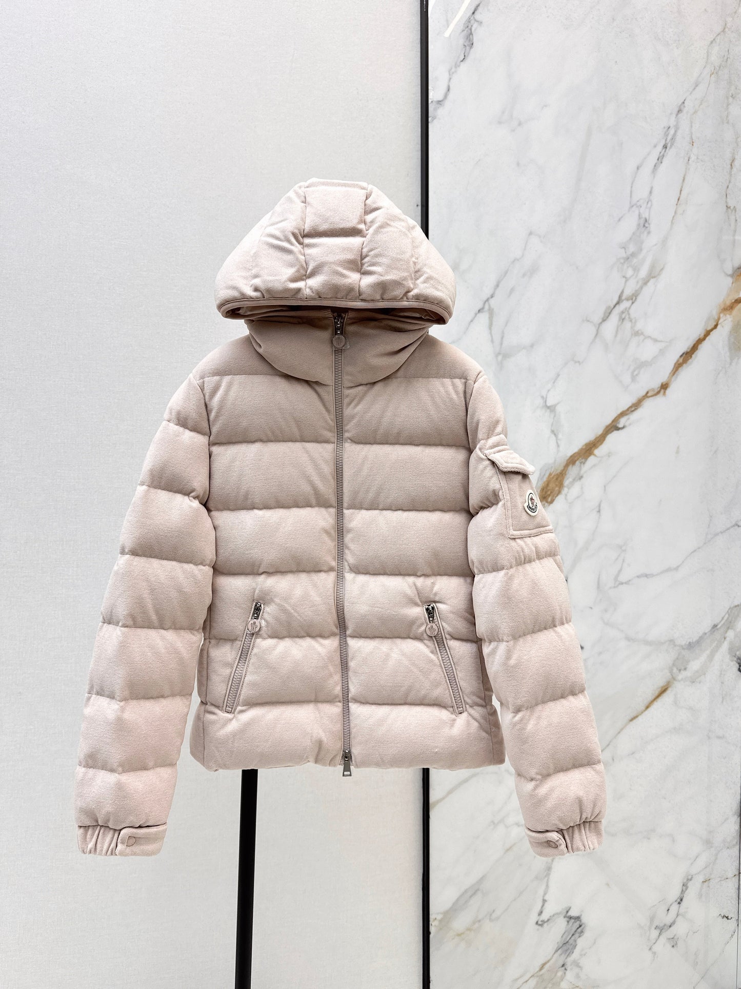 Woolen hooded down jacket