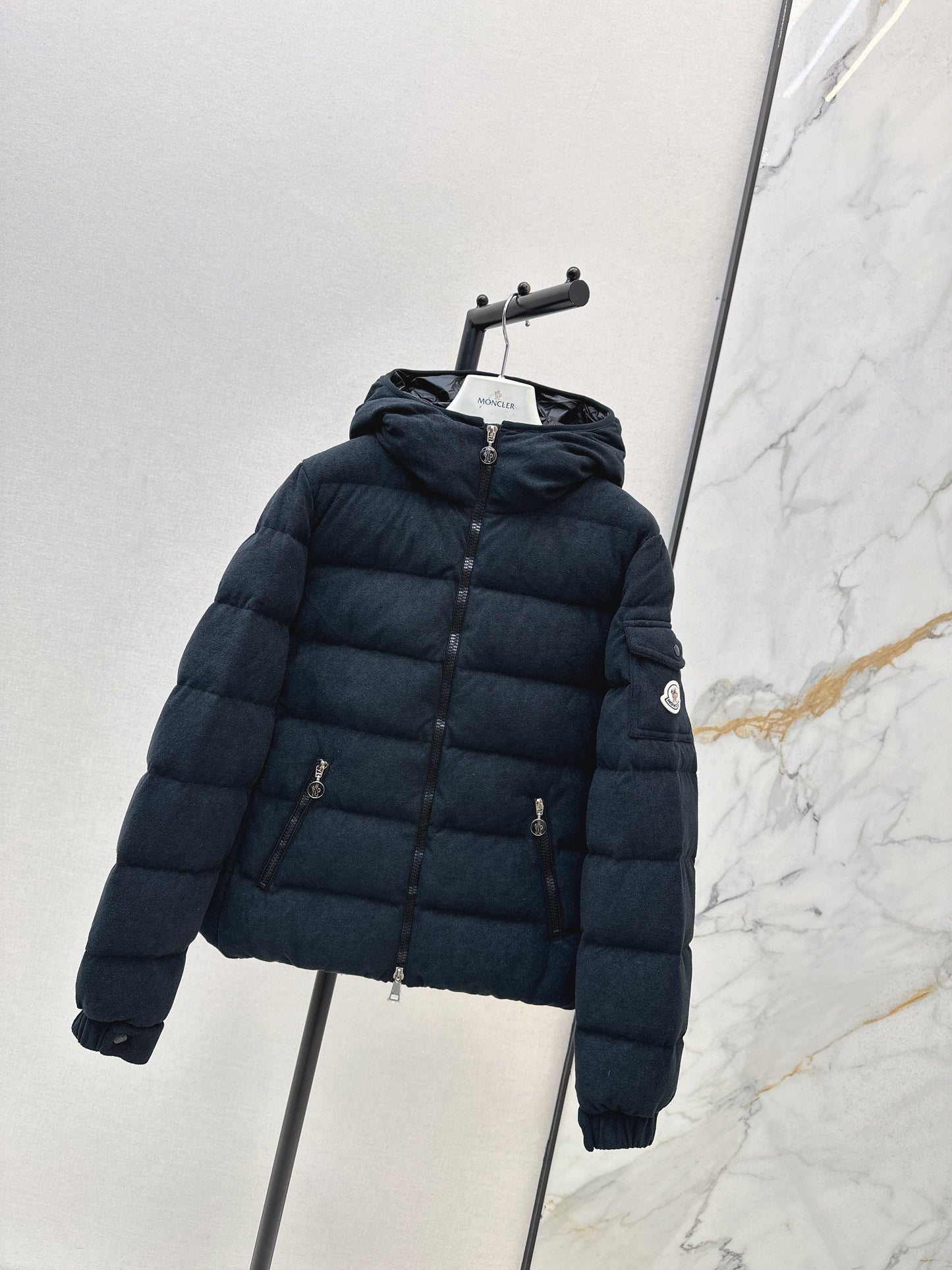 Woolen hooded down jacket