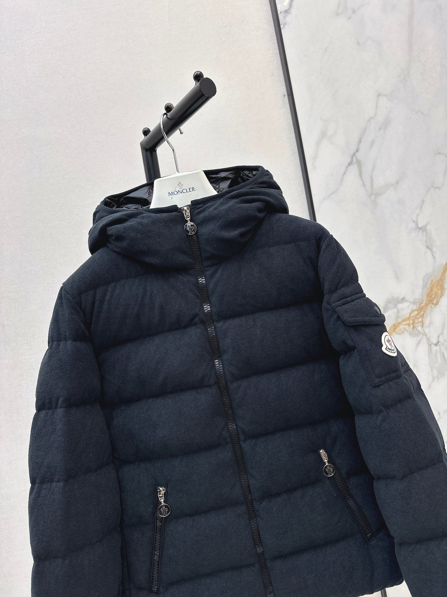 Woolen hooded down jacket