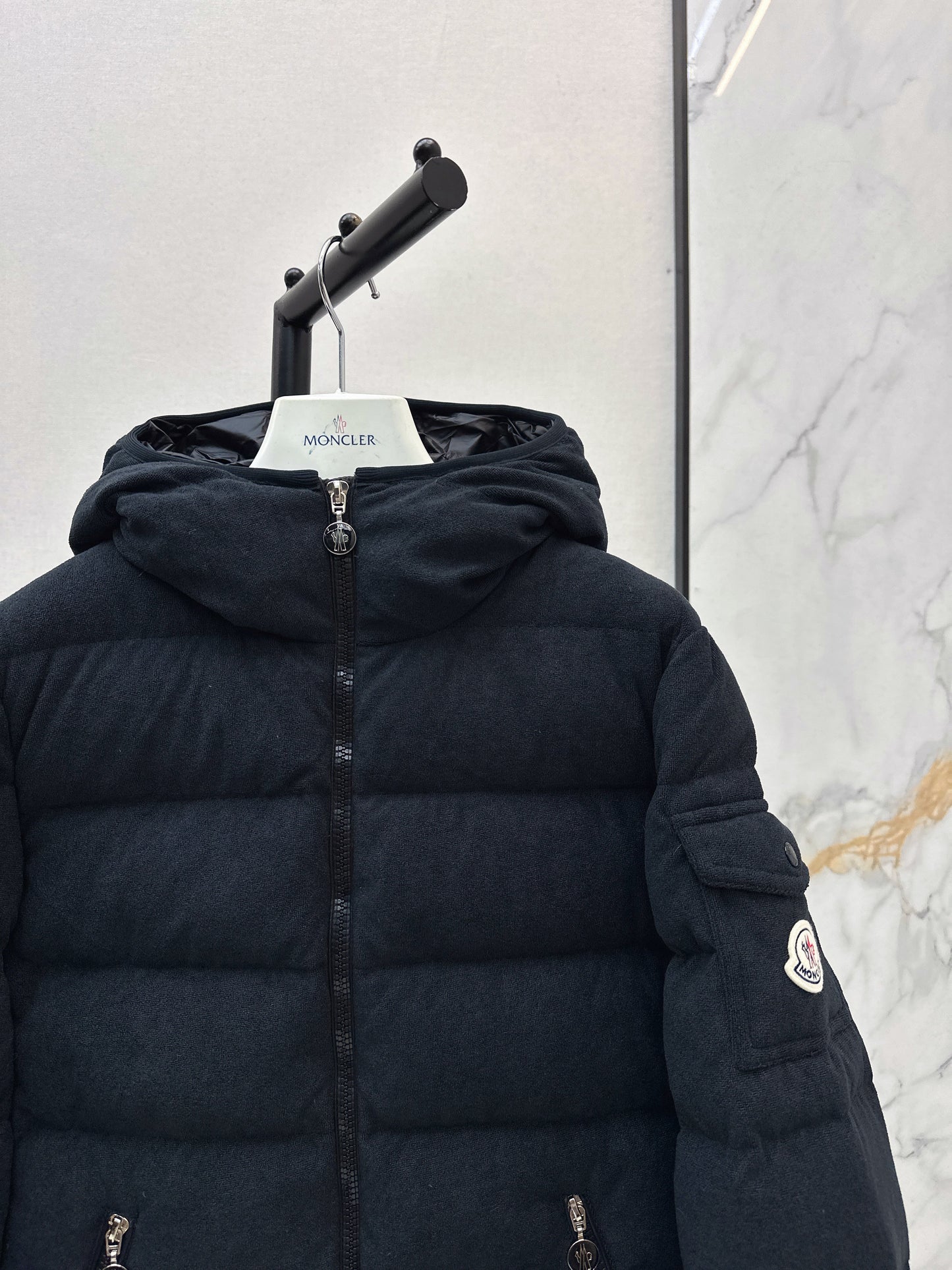 Woolen hooded down jacket