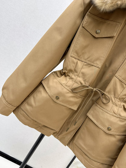 Hooded fur collar drawstring down jacket