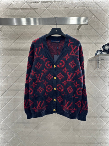 V-neck jacquard knitted cardigan