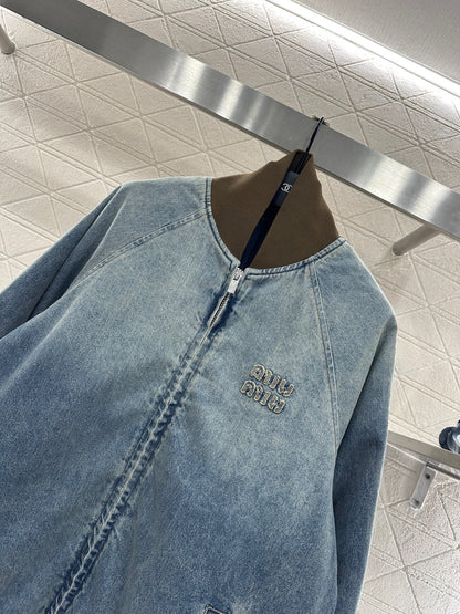 Color blocked threaded zipper denim cotton jacket