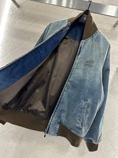 Color blocked threaded zipper denim cotton jacket