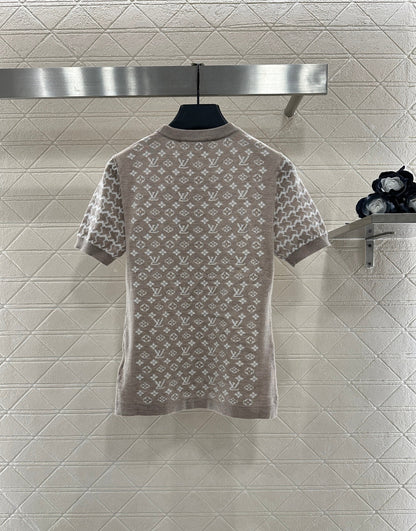 Jacquard round neck short sleeved sweater
