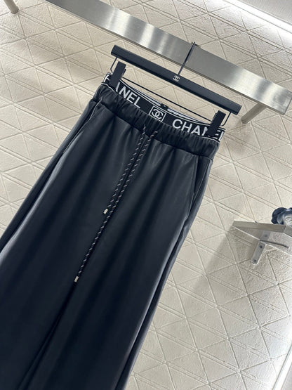 Ribbon drawstring wide leg leather pants