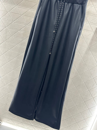 Ribbon drawstring wide leg leather pants