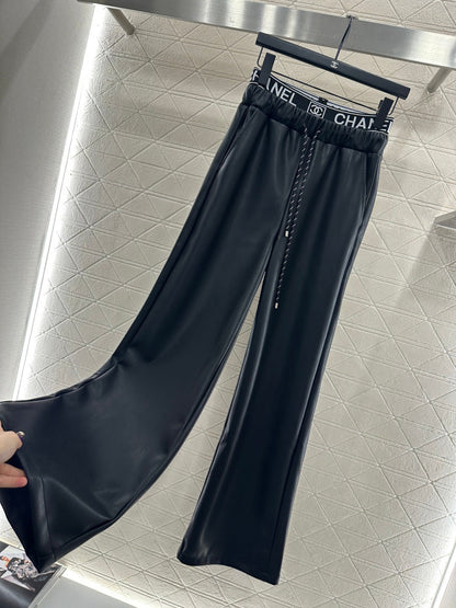 Ribbon drawstring wide leg leather pants