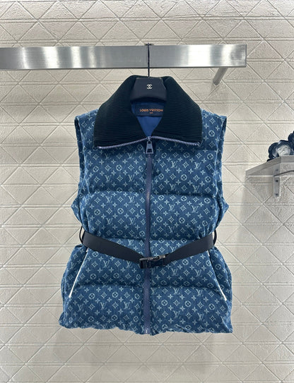 Knitted collar zipper denim down vest
