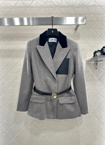 Splicing velvet collar belt suit jacket
