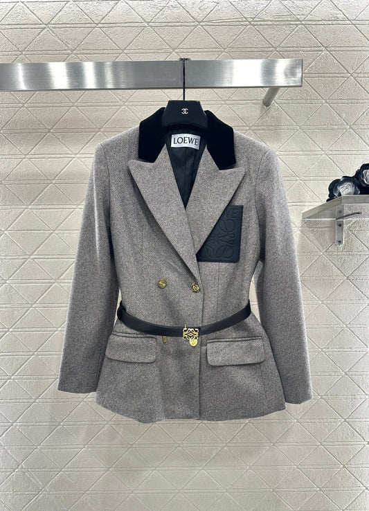 Splicing velvet collar belt suit jacket