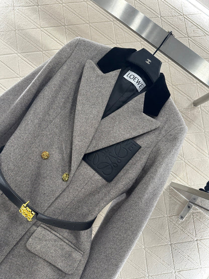 Splicing velvet collar belt suit jacket