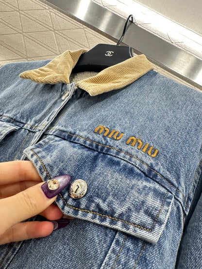 Spliced corduroy collar denim jacket