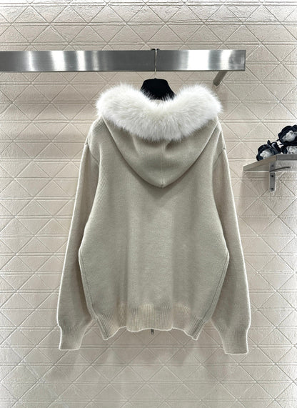 Fur-trimmed zip-up knit set