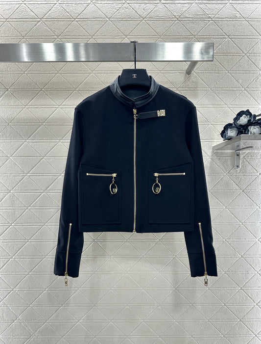 Zipper-front Leather Collar Jacket