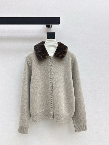 Leopard print collared wool cardigan