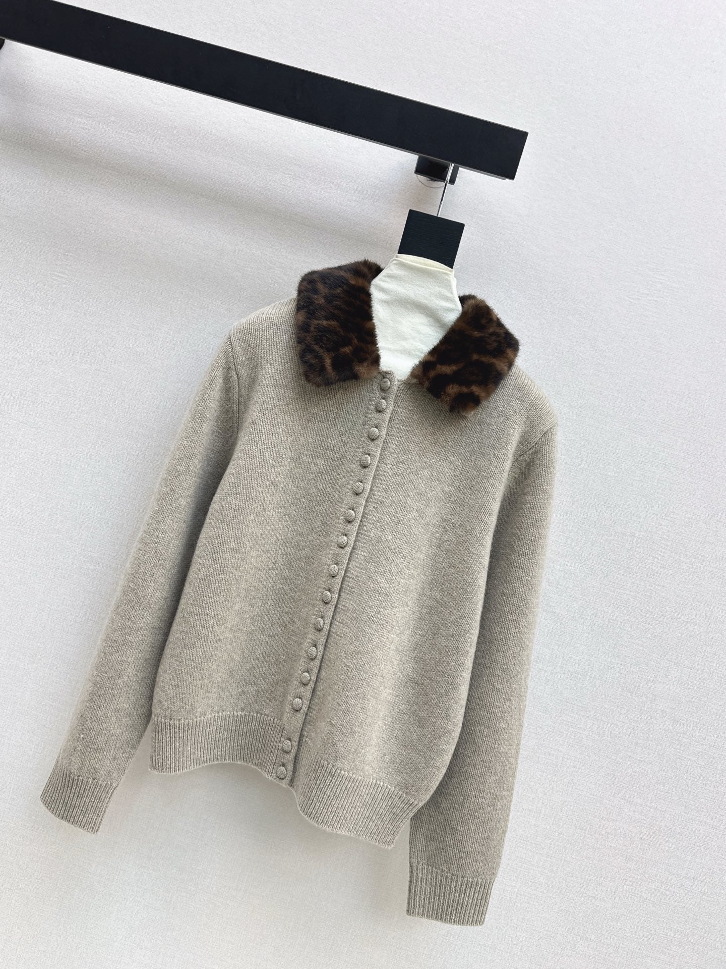 Leopard print collared wool cardigan