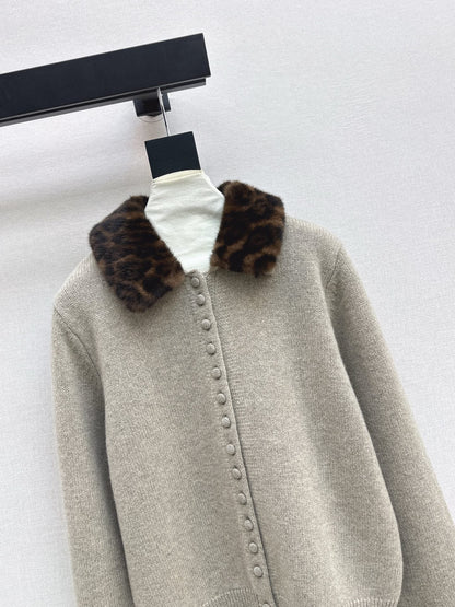 Leopard print collared wool cardigan