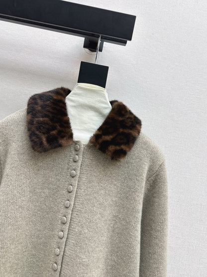 Leopard print collared wool cardigan