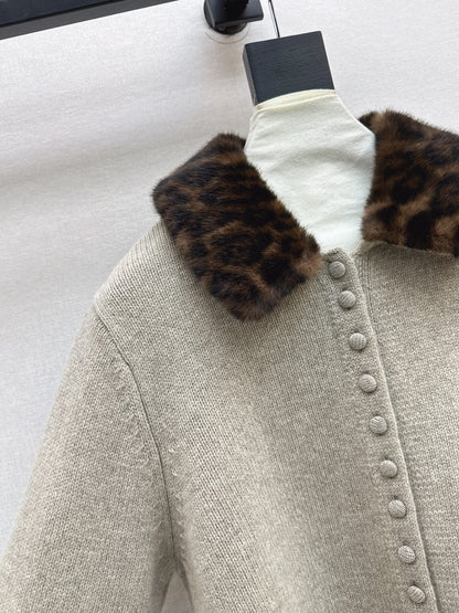 Leopard print collared wool cardigan
