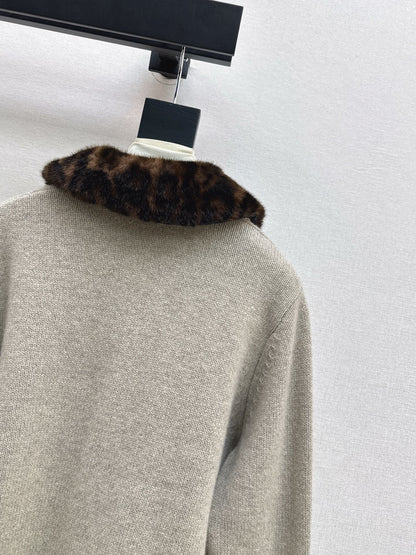 Leopard print collared wool cardigan